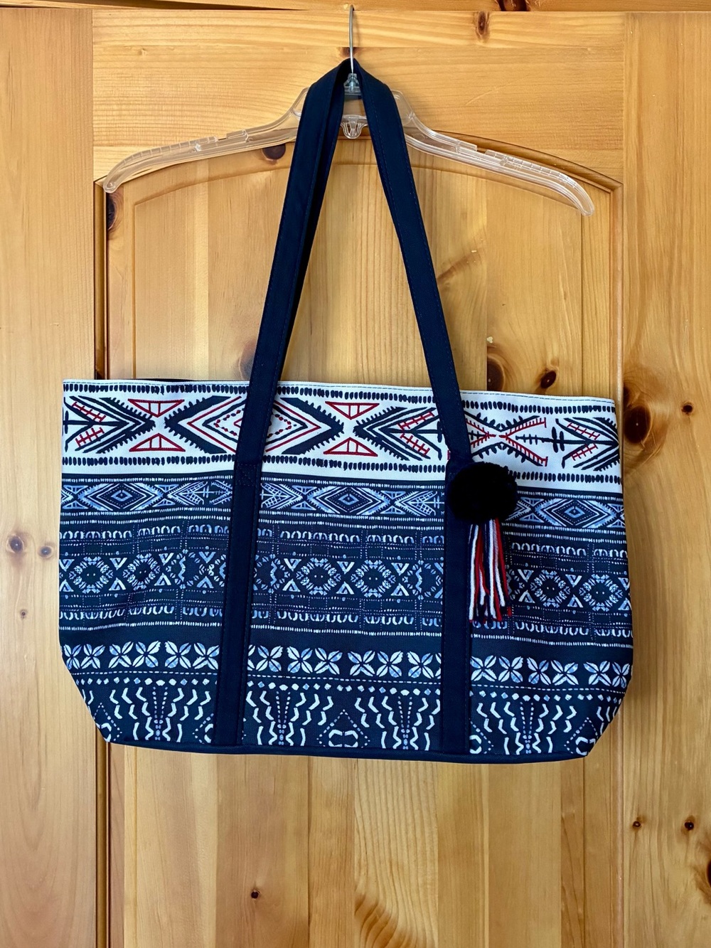 Red White and Blue Patterned Tote Bag with Pom Pom Accent